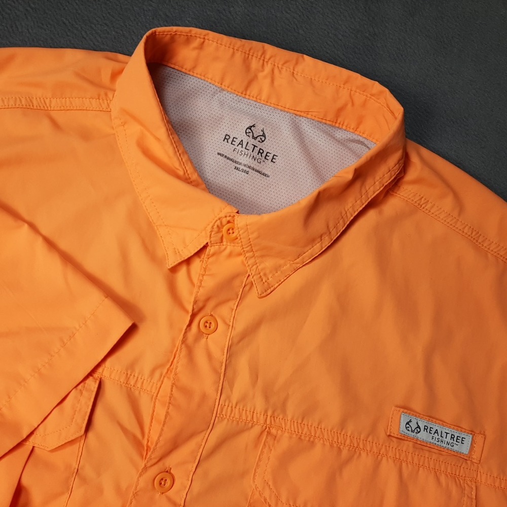 Realtree Fishing Shirt Mens 3XL XXXL Orange Fishing Vented Outdoors Fish Pocket